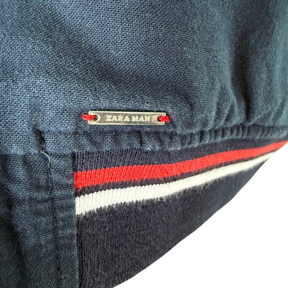 Zara Man Navy Bomber Jacket Red and White Striped Trim 100% Cotton, Size XL - Picture 7 of 11